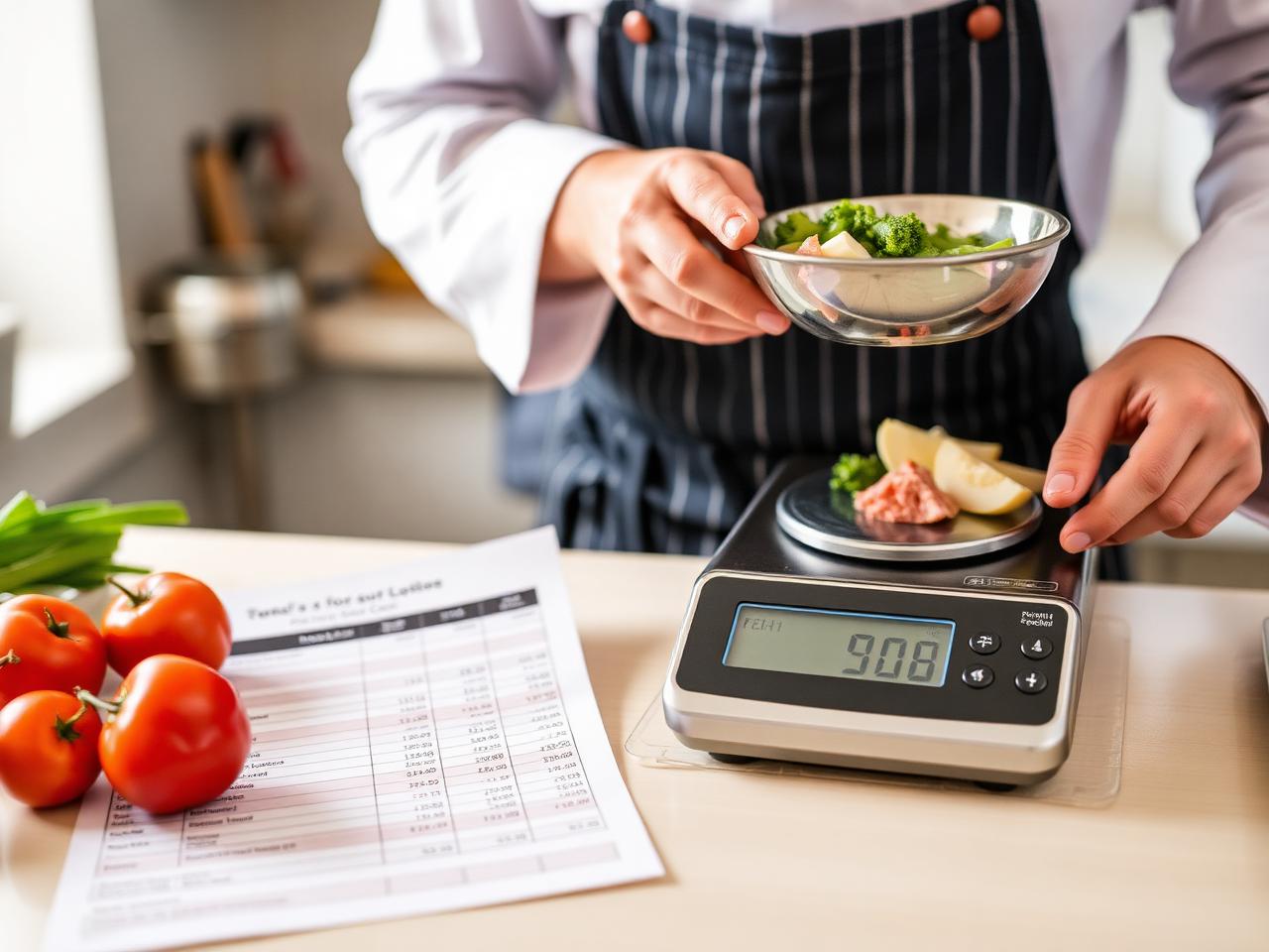 Chef weighing portioned ingredients on a digital scale beside a food cost spreadsheet printout