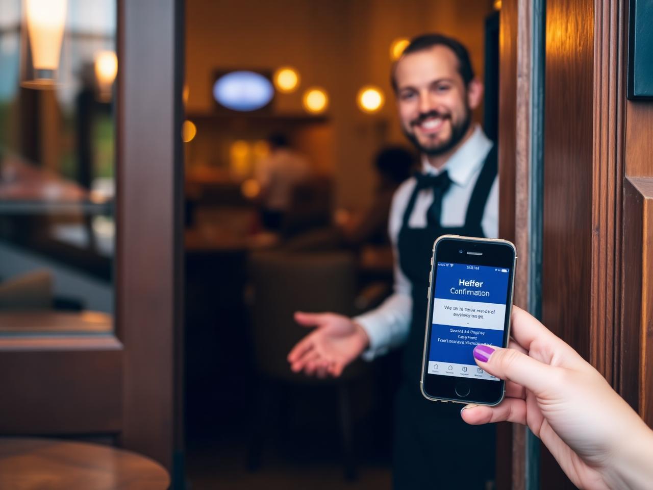Host greeting guests at a restaurant door while a guest holds a booking confirmation on a phone