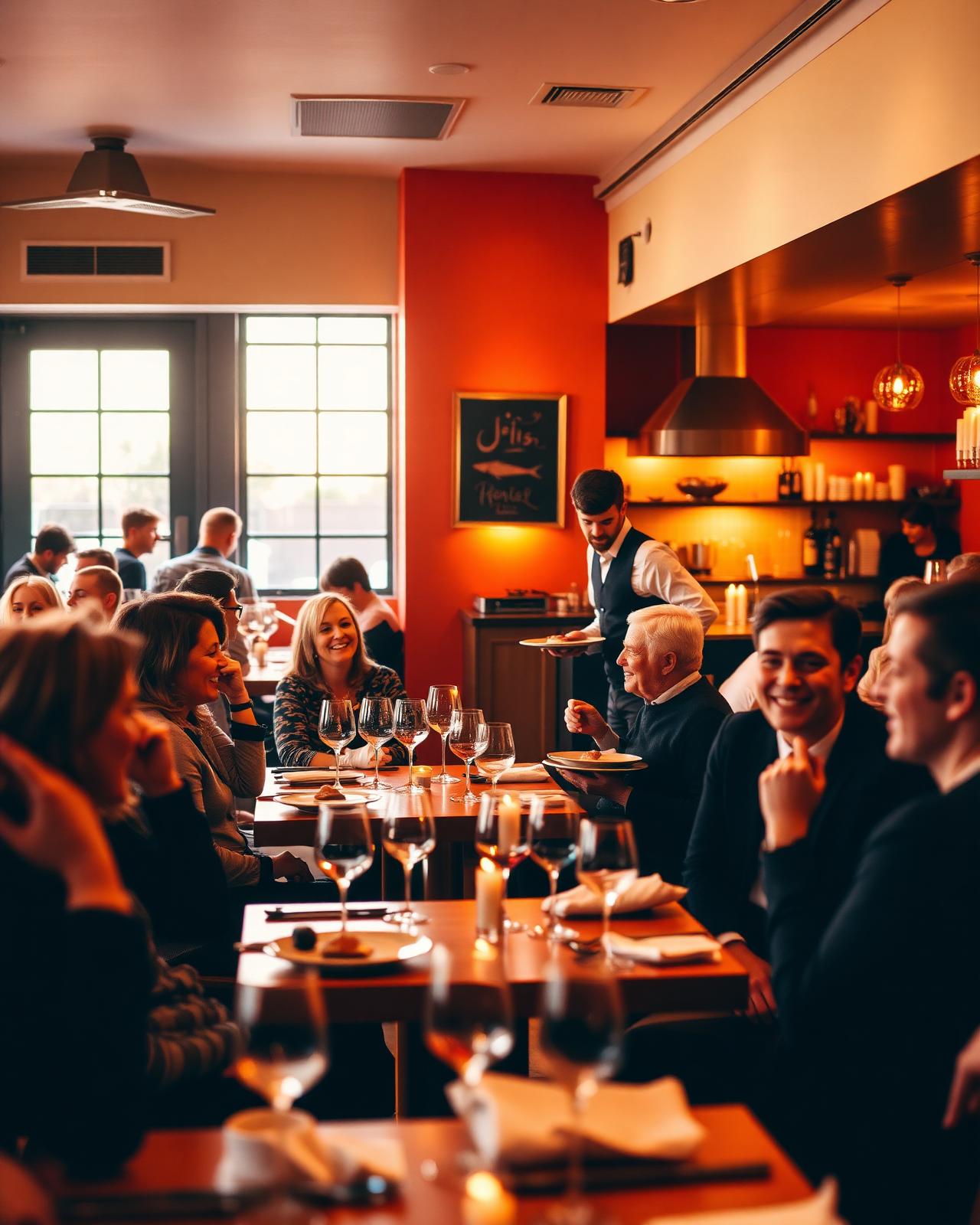 Warm neighborhood bistro dining room at golden hour with guests at candlelit tables and a server carrying plates