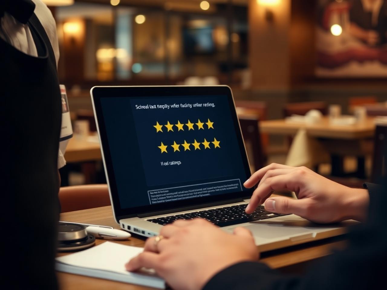 Restaurant manager typing a reply to an online review on a laptop showing star ratings