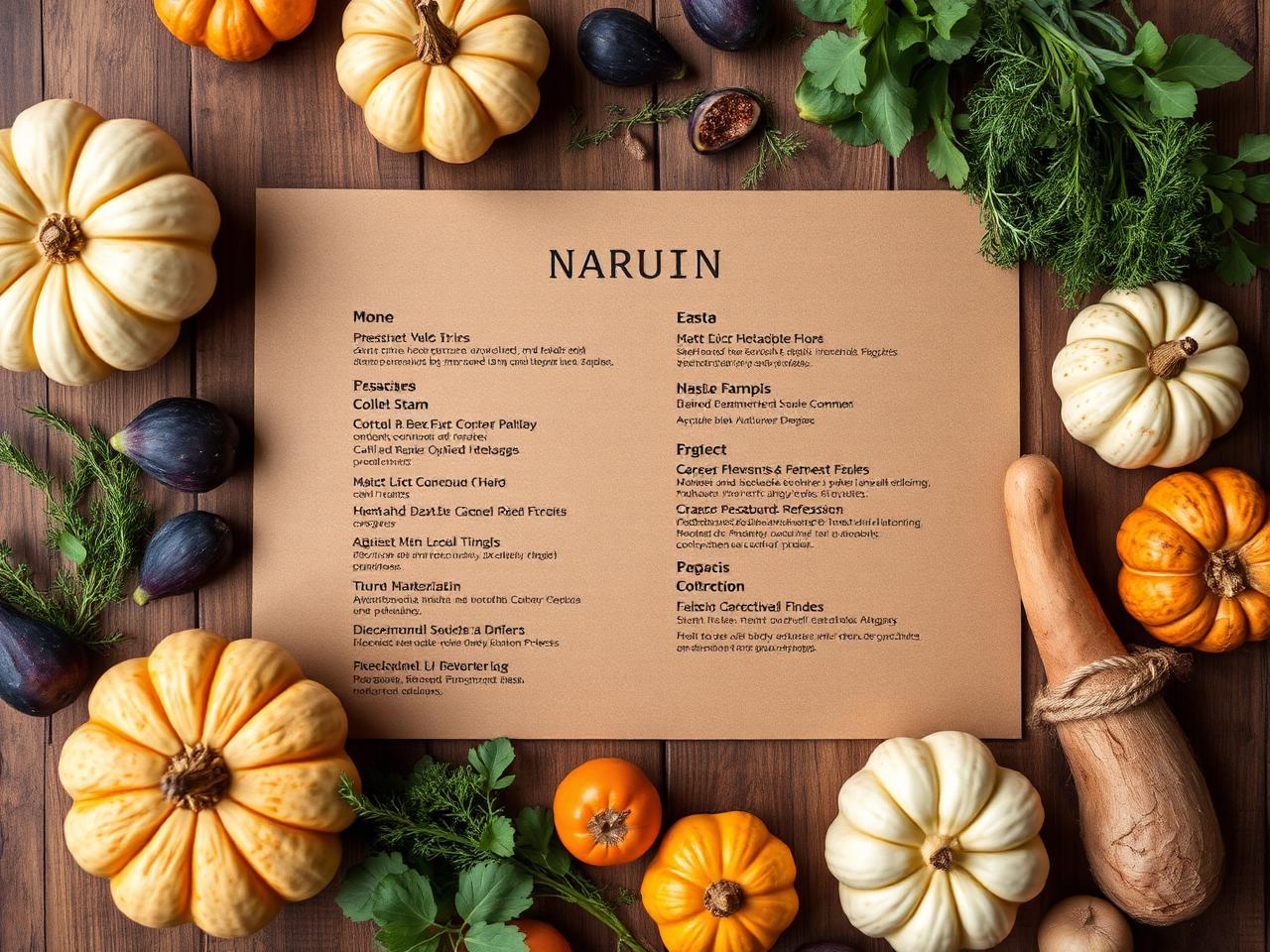 Autumn seasonal menu draft surrounded by squash, figs, herbs and root vegetables on rustic wood