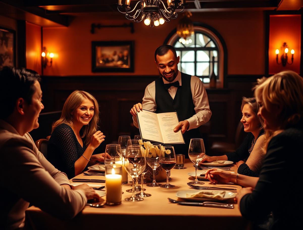 Server presenting a printed menu to smiling guests at a candlelit restaurant table