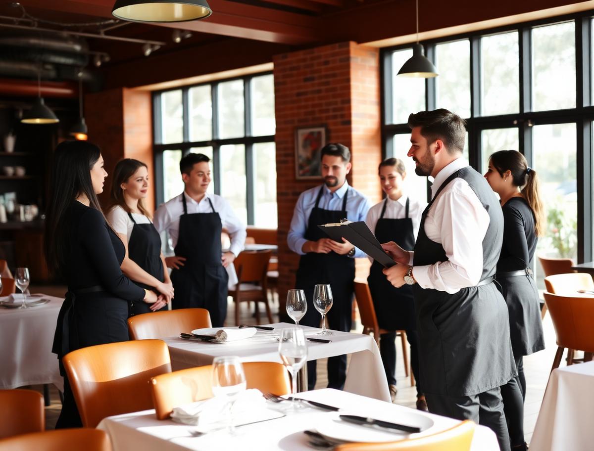 Restaurant manager briefing servers during a pre-shift huddle in a bright dining room